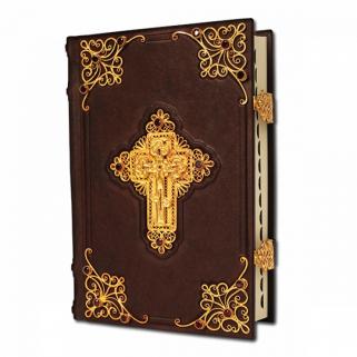 Библия с комментариями, филигранью (золото), гранатами (Подарочная книга в кожаном переплёте)