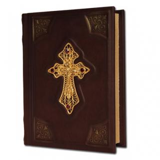 Православный молитвослов с крестом, филигранью (золото) и гранатами (Подарочная книга в кожаном переплёте)