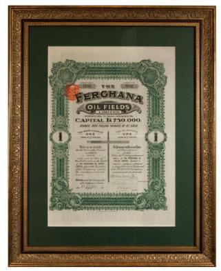 Антикварная книга Антикварная акция в 1 фунт стерлингов 1912 года, "The Ferghana Oil fields, Limited (Акционерное общество Ферганского нефтеносного района)"