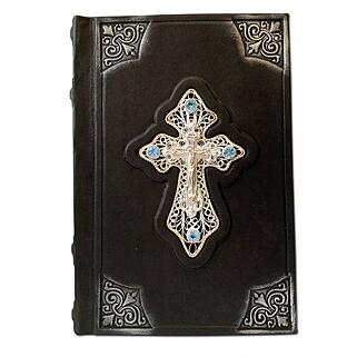 Православный молитвослов с крестом, филигранью (серебро) и топазами (Подарочная книга в кожаном переплёте)