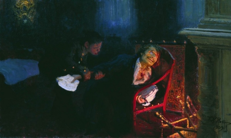 Репин И. Е. Гоголь сжигает второй том «Мёртвых душ», 1909 г.